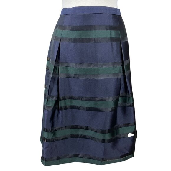 Talbots Womens Petite A-Line Striped Skirt Pleats Lined 12WP Navy Green Stripes - Picture 1 of 6